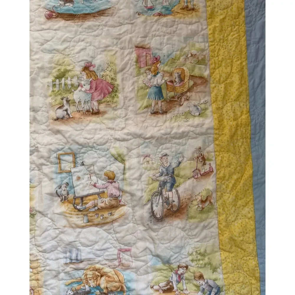 Blue Yellow Pink Baby Hand Sewn Machine Quilted Blanket 35.5x38.5 Butterfly